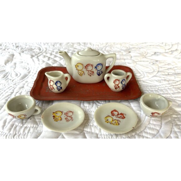 VNTG 9 Piece Children’s Tea Set-1950s-W/Metal Tray-Duck-Made Japan-Hand Painted - Picture 1 of 11